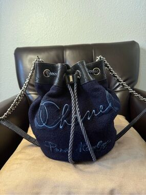 Authentic CHANEL Paris Hamburg Collection Blue Wool/Calfskin Leather Bucket Bag